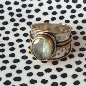 Sterling Silver 925 & Brass Large Statement Ring Aquamarine Stone Size 8 Art